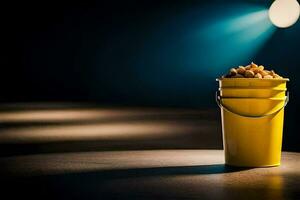 a yellow bucket filled with chips sitting on a table. AI-Generated photo
