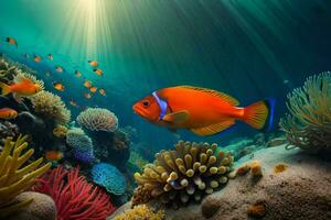 un naranja pescado nada en el Oceano con coral y otro pez. generado por ai foto