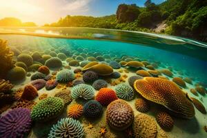 the sun shines on a coral reef and many different types of corals. AI-Generated photo