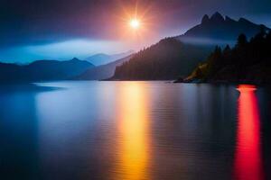 a lake with a mountain in the background at night. AI-Generated photo
