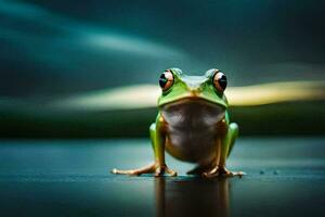 a frog is sitting on the ground in front of a dark background. AI-Generated photo