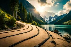a winding road leads to a lake and mountains. AI-Generated photo