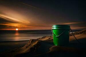 a green bucket sits on the sand at sunset. AI-Generated photo