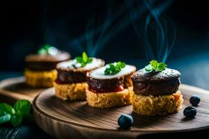 small appetizers on a wooden board with smoke. AI-Generated photo