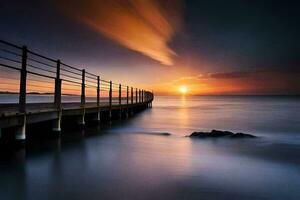 un largo exposición fotografía de un muelle a puesta de sol. generado por ai foto