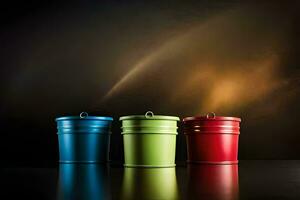 three colorful buckets on a black background. AI-Generated photo