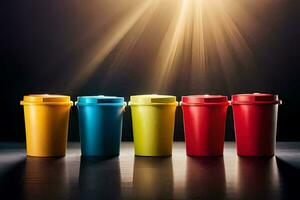 a row of colorful plastic cups on a dark background. AI-Generated photo