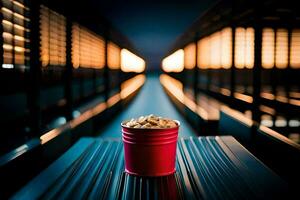 a red bucket sitting on a table in a dark room. AI-Generated photo