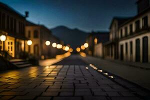 un calle a noche con luces en el edificios generado por ai foto