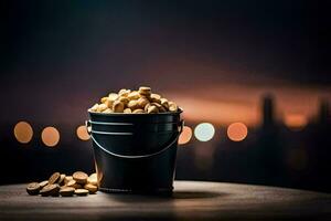 a bucket of peanuts on a table with a city in the background. AI-Generated photo