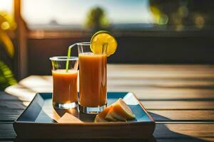 two glasses of orange juice on a wooden table. AI-Generated photo