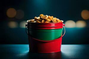 a bucket filled with peanuts on a table. AI-Generated photo