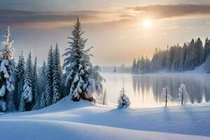 a snowy landscape with trees and a lake. AI-Generated photo