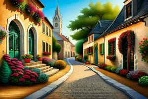 an illustration of a street with flowers and flowers. AI-Generated photo