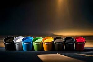 a row of colorful plastic cups on a dark surface. AI-Generated photo