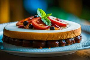 a cake with tomatoes and basil on top. AI-Generated photo