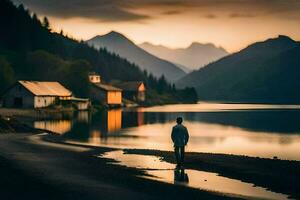 a man stands on the shore of a lake at sunset. AI-Generated photo