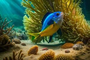 un pescado nadando en el Oceano con un anémona. generado por ai foto