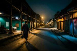 un hombre camina abajo un calle a noche. generado por ai foto