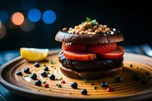 a hamburger with strawberries and tomatoes on a wooden plate. AI-Generated photo