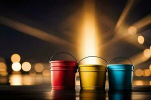 three buckets with different colors on a table. AI-Generated photo