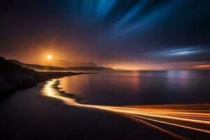 un largo exposición fotografía de el Oceano a noche. generado por ai foto