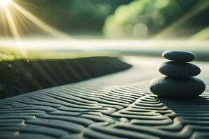 a stack of stones sitting on the ground. AI-Generated photo