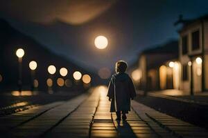 un niño caminando en un ferrocarril pista a noche. generado por ai foto