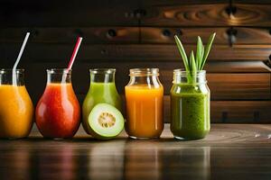 a group of different juices in glass bottles. AI-Generated photo