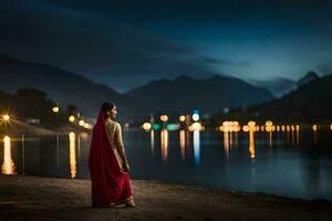 a woman in a red sari stands by the water at night. AI-Generated photo