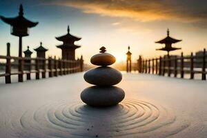 a stack of stones on a bridge at sunset. AI-Generated photo