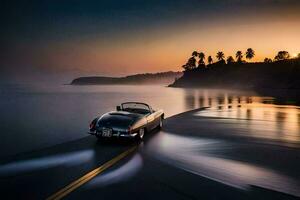 un clásico coche conducción en el playa a puesta de sol. generado por ai foto