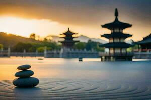 un Roca pila en frente de un pagoda a puesta de sol. generado por ai foto