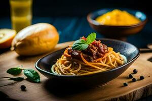 espaguetis con carne y vegetales en un bol. generado por ai foto