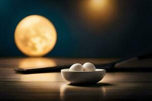 two eggs in a bowl on a table with a knife. AI-Generated photo