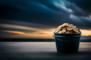 bucket of coins on the beach. AI-Generated photo