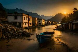 a boat sits on the shore of a river at sunset. AI-Generated photo