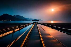 un largo muelle con un puente líder a el Oceano a noche. generado por ai foto
