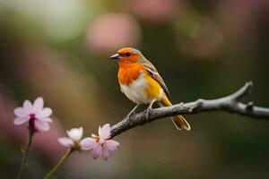 a small orange bird sits on a branch with pink flowers. AI-Generated photo