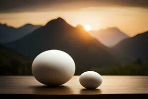 two white balls sit on a table in front of a mountain. AI-Generated photo