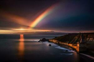 a rainbow is seen over the ocean and a lighthouse. AI-Generated photo