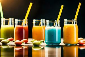 a row of colorful smoothies in glass jars. AI-Generated photo