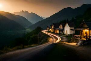 photo wallpaper the sky, road, mountains, houses, light, the road, the road,. AI-Generated