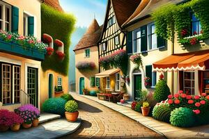 a painting of a street with flowers and plants. AI-Generated photo