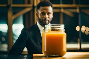 un hombre en un traje es participación un tarro de naranja jugo. generado por ai foto