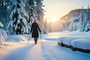 un mujer es caminando mediante el nieve en esquís generado por ai foto