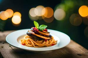 a plate of spaghetti with mushrooms and tomatoes on a wooden table. AI-Generated photo