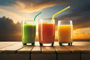 three glasses of juice on a wooden table. AI-Generated photo