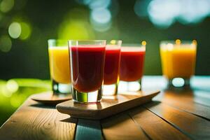 four glasses of juice on a wooden table. AI-Generated photo