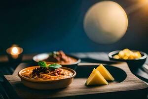 spaghetti with meatballs and pineapple on a wooden table. AI-Generated photo